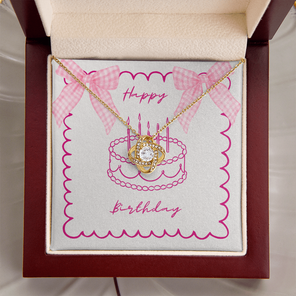 Happy Birthday - Pink Gingham Bows & Cake- Love Knot Necklace
