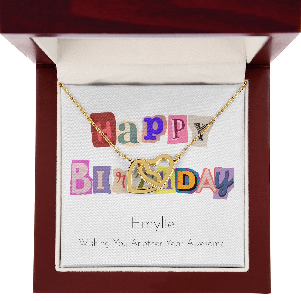 Personalized Happy Birthday- Ransom Style Letters- Interlocking Hearts Necklace