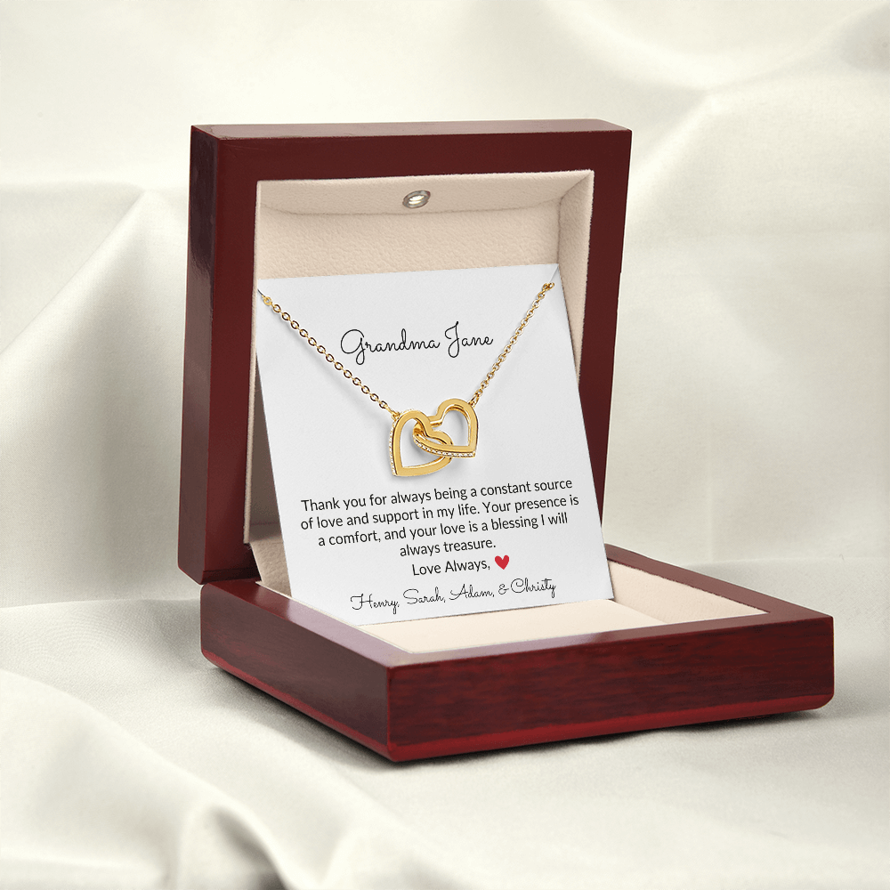 Personalized for Grandmothers- Thank You For Always Being A Source of Love- Interlocking Hearts Necklace