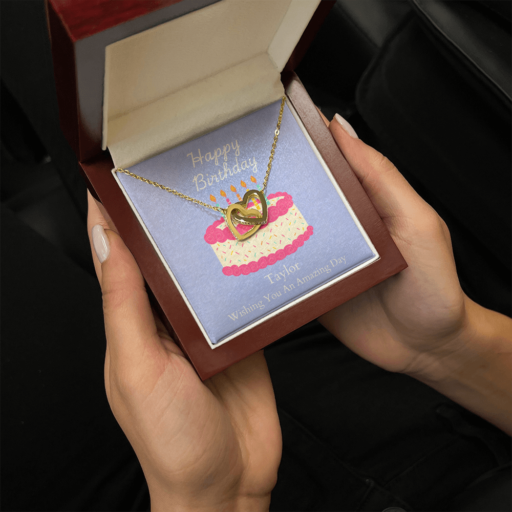 Personalized Happy Birthday- Bright Pink Cake-Interlocking Hearts Necklace