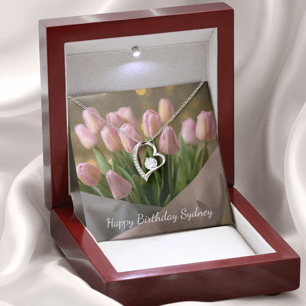 Personalized Happy Birthday- Pink Tulips- Forever Love Necklace