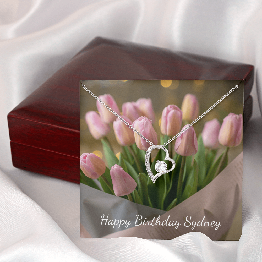 Personalized Happy Birthday- Pink Tulips- Forever Love Necklace