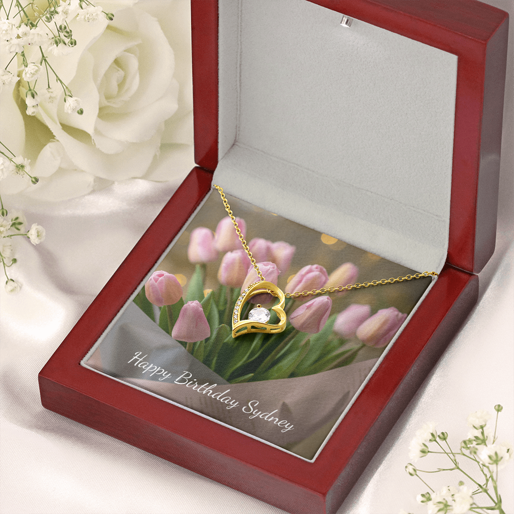 Personalized Happy Birthday- Pink Tulips- Forever Love Necklace