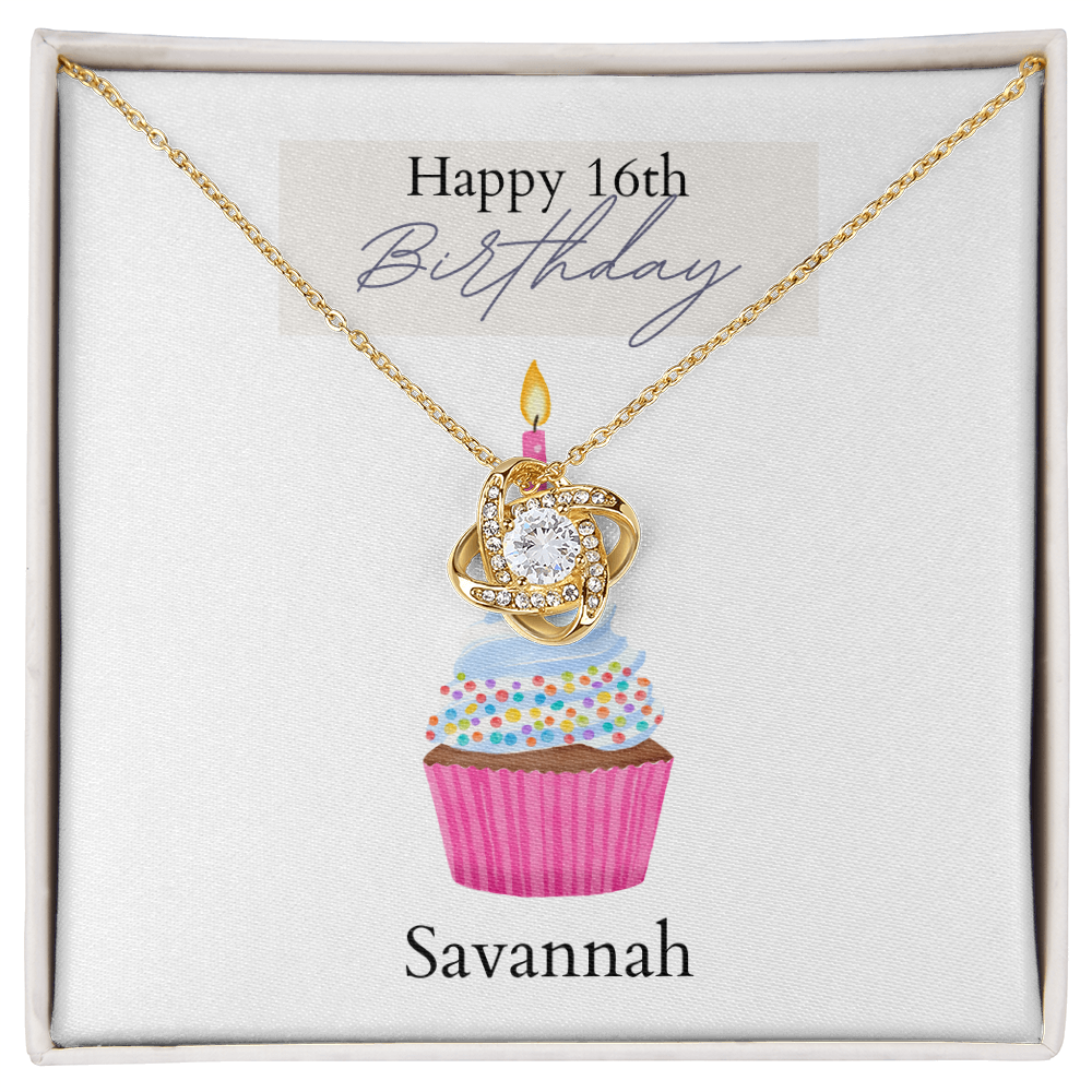 Personalized Birthday Card- Pink Cupcake- Love Knot Necklace