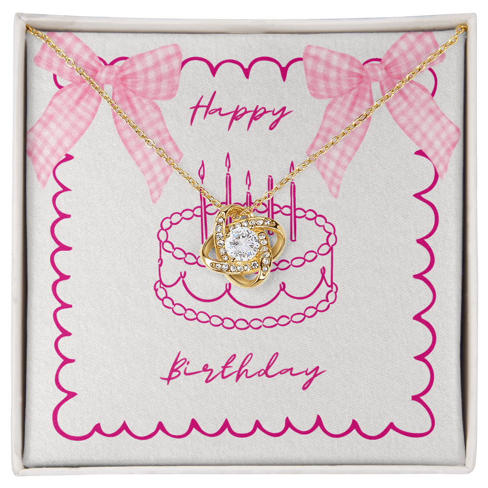 Happy Birthday - Pink Gingham Bows & Cake- Love Knot Necklace