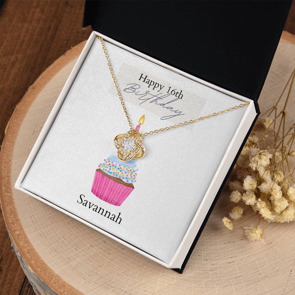 Personalized Birthday Card- Pink Cupcake- Love Knot Necklace