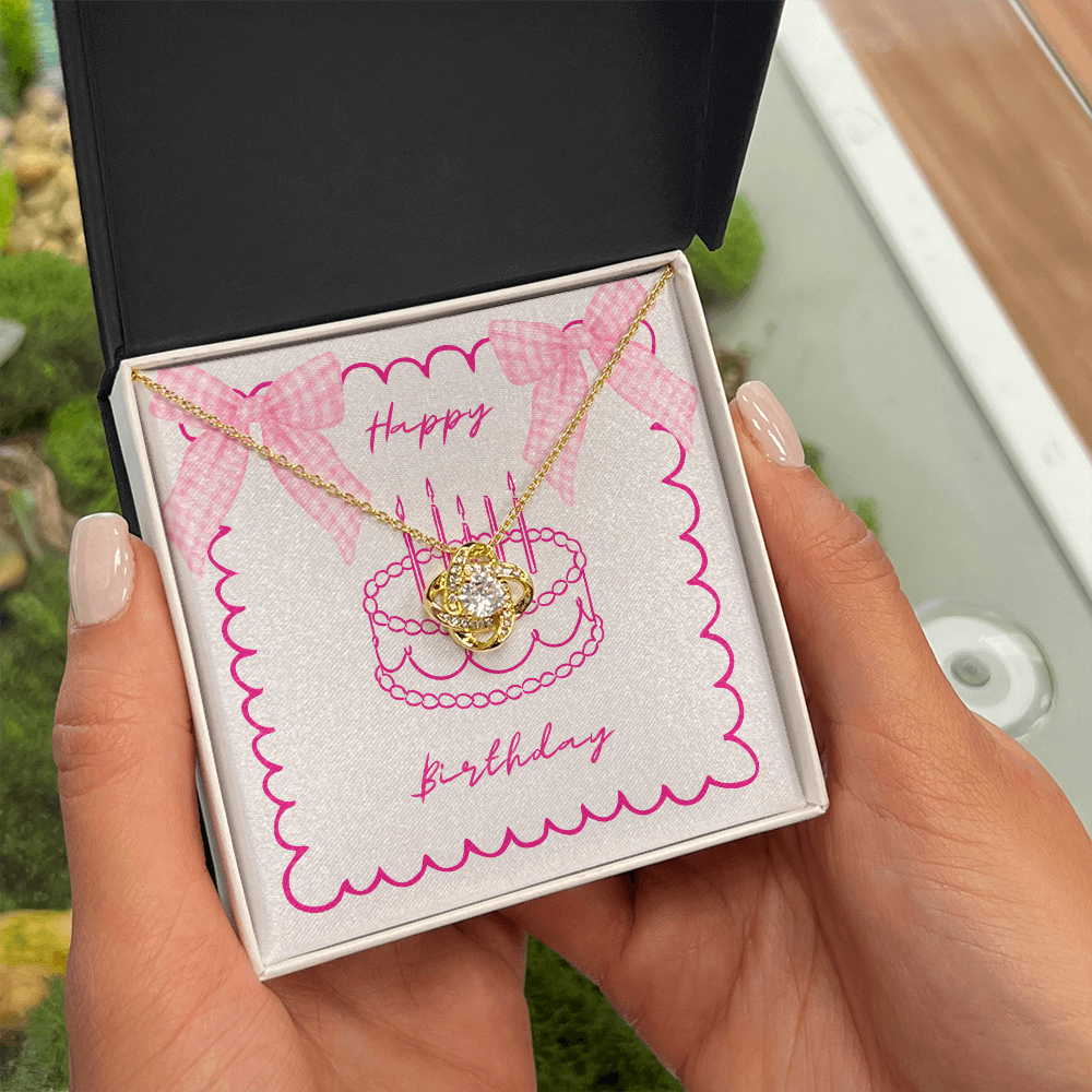 Happy Birthday - Pink Gingham Bows & Cake- Love Knot Necklace