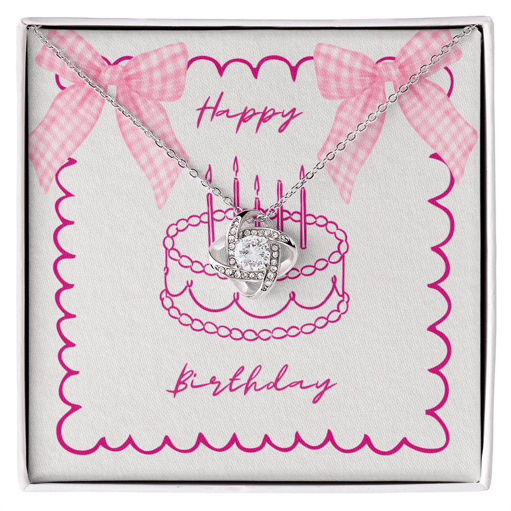 Happy Birthday - Pink Gingham Bows & Cake- Love Knot Necklace