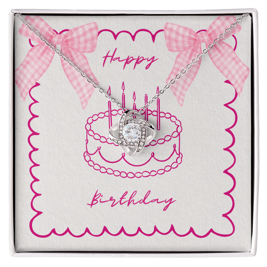 Happy Birthday - Pink Gingham Bows & Cake- Love Knot Necklace