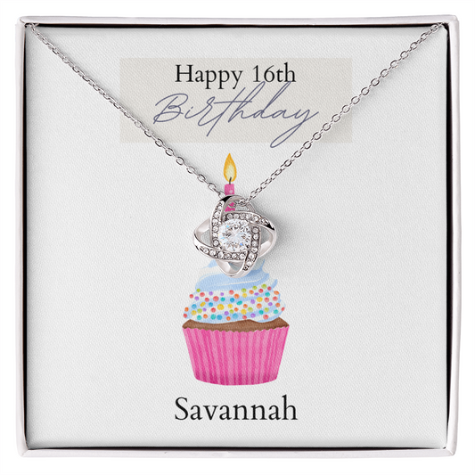 Personalized Birthday Card- Pink Cupcake- Love Knot Necklace