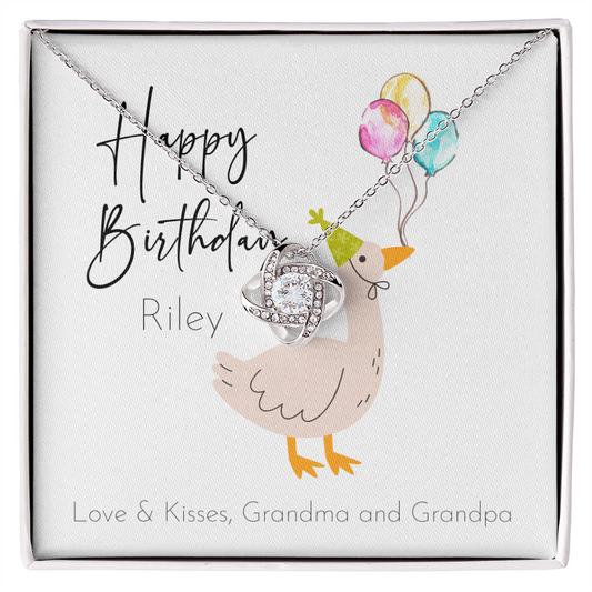 Personalized Happy Birthday- Party Goose & Balloons- Love Knot Necklace