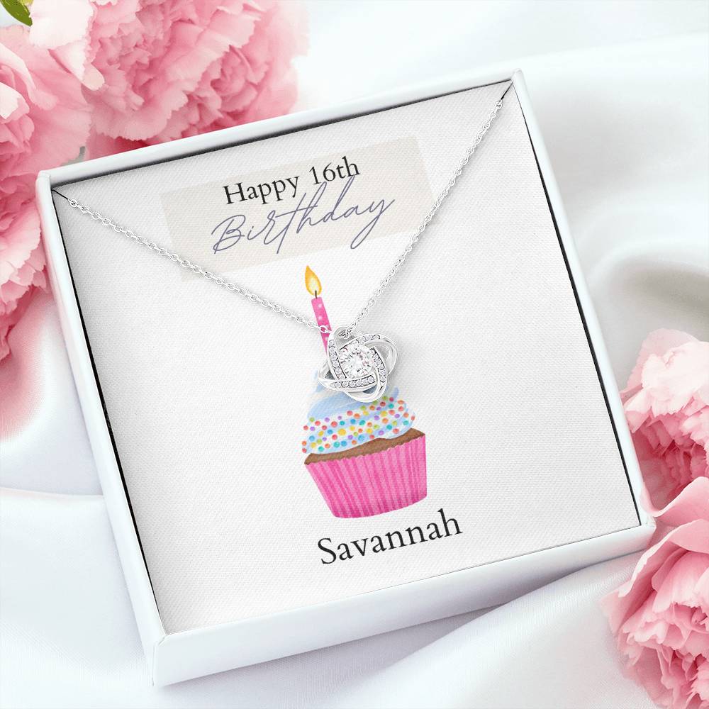 Personalized Birthday Card- Pink Cupcake- Love Knot Necklace
