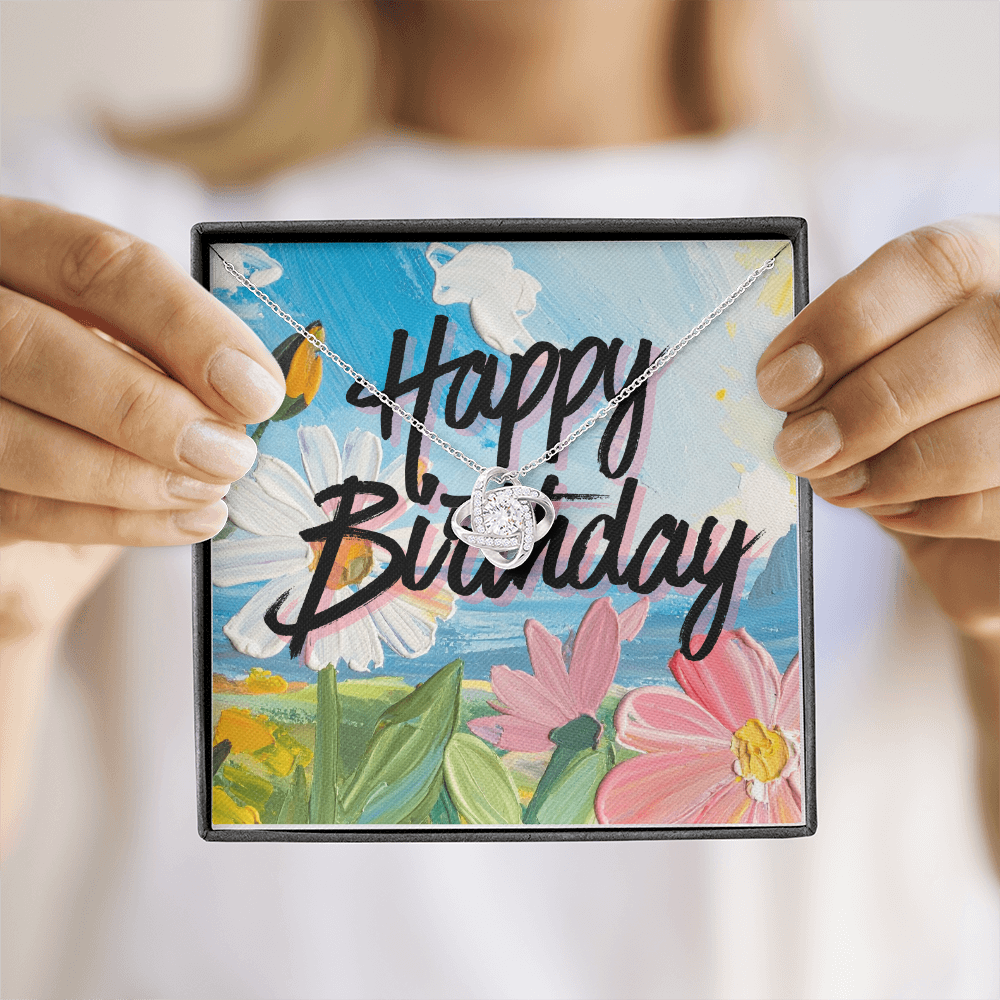 Happy Birthday- Bright Tropical Flowers- Love Knot Necklace