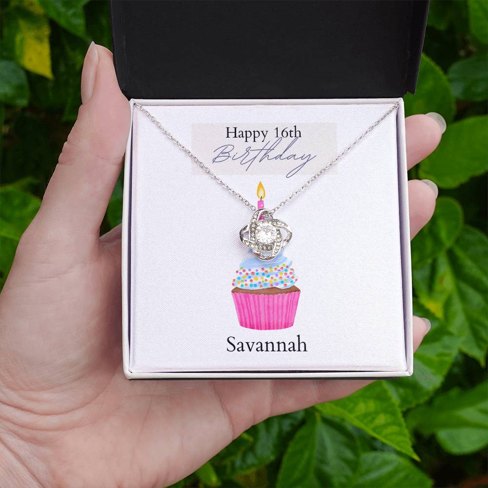 Personalized Birthday Card- Pink Cupcake- Love Knot Necklace