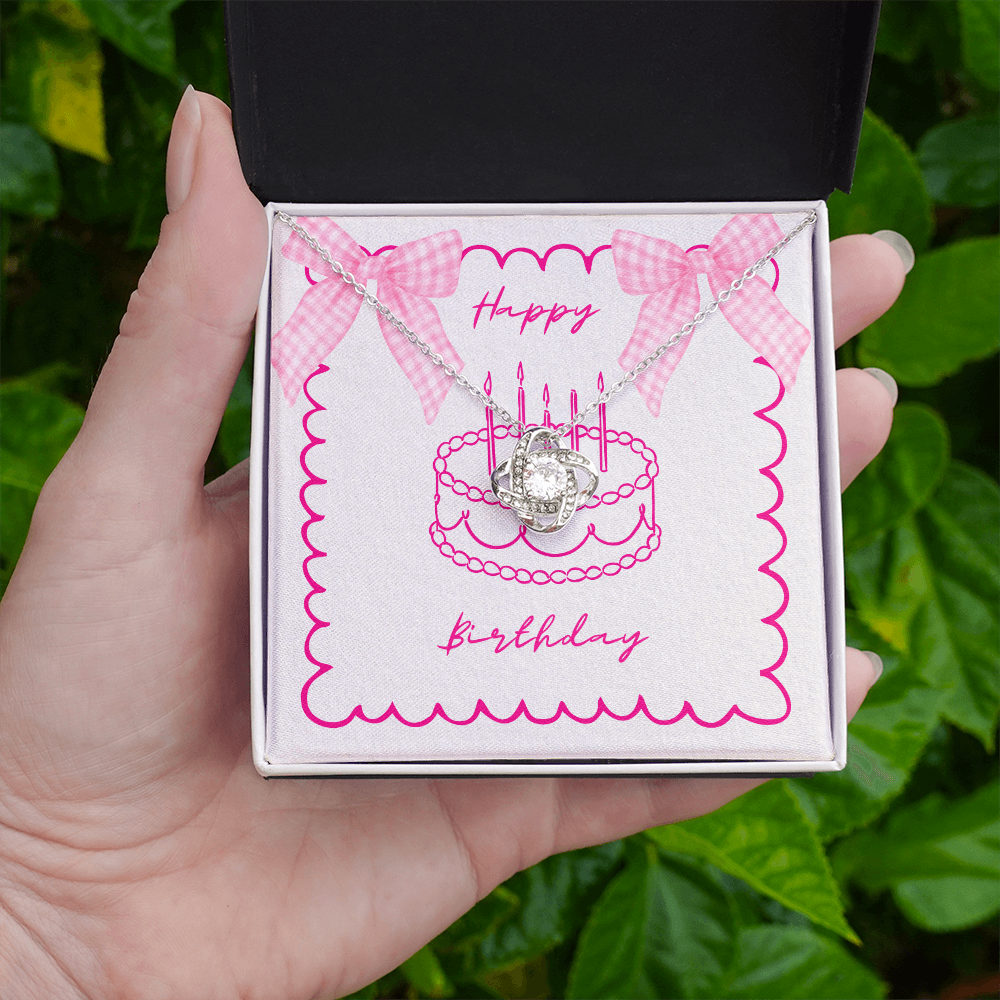 Happy Birthday - Pink Gingham Bows & Cake- Love Knot Necklace