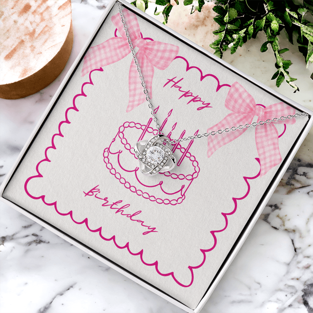Happy Birthday - Pink Gingham Bows & Cake- Love Knot Necklace