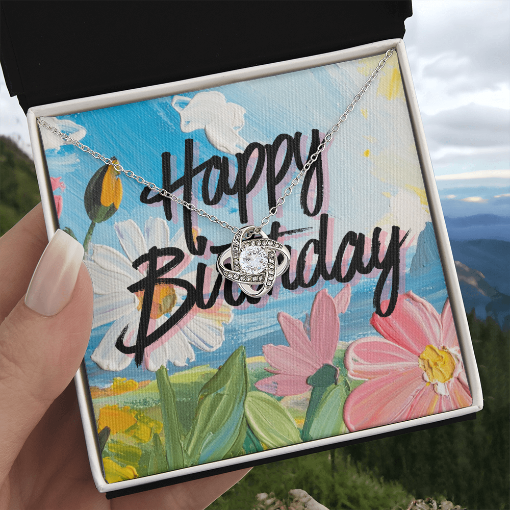 Happy Birthday- Bright Tropical Flowers- Love Knot Necklace
