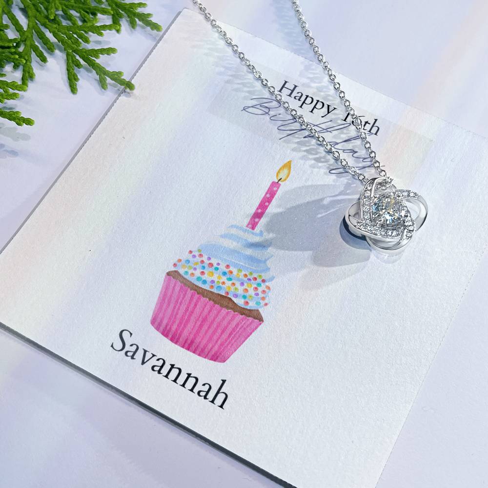 Personalized Birthday Card- Pink Cupcake- Love Knot Necklace