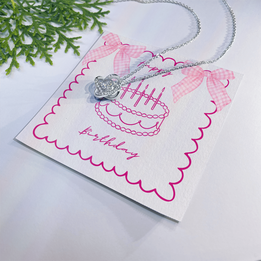 Happy Birthday - Pink Gingham Bows & Cake- Love Knot Necklace