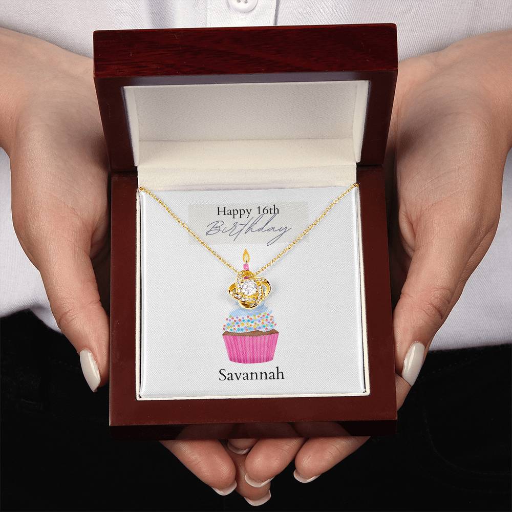 Personalized Birthday Card- Pink Cupcake- Love Knot Necklace