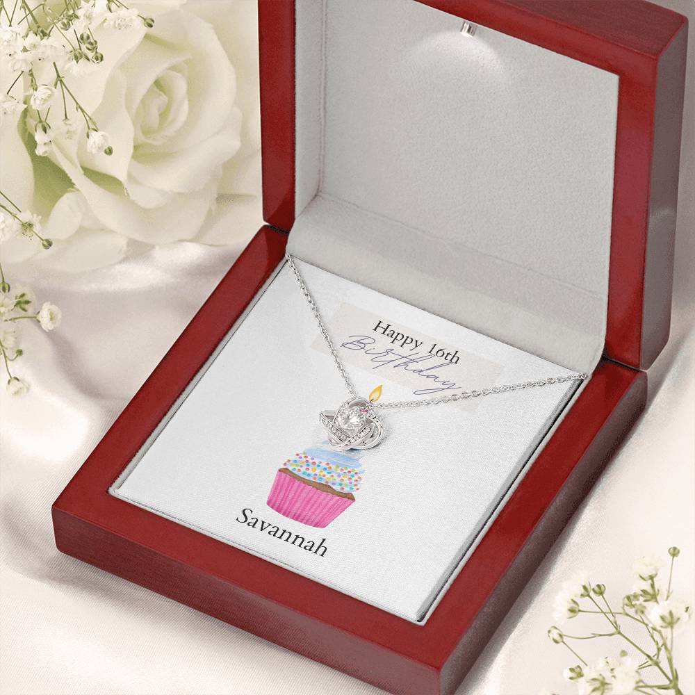 Personalized Birthday Card- Pink Cupcake- Love Knot Necklace