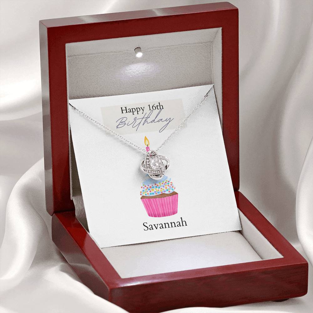 Personalized Birthday Card- Pink Cupcake- Love Knot Necklace