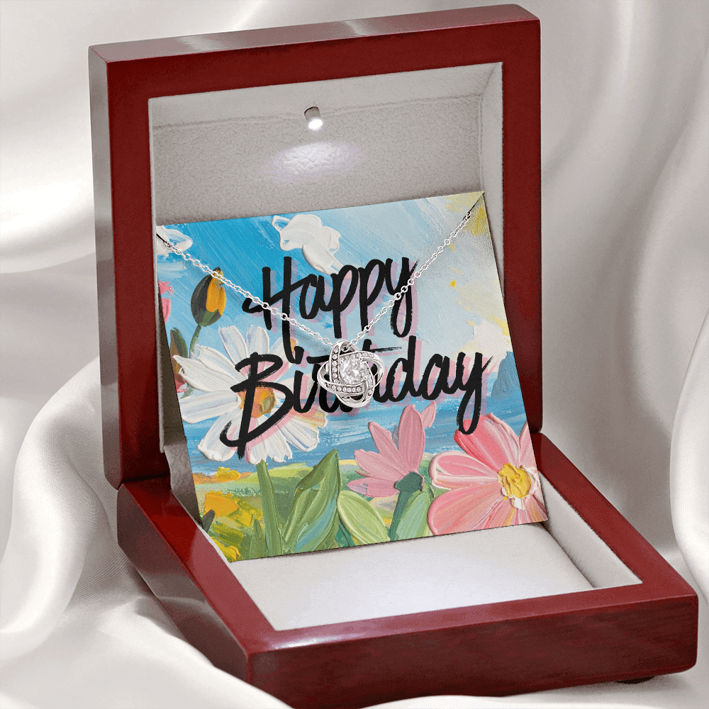 Happy Birthday- Bright Tropical Flowers- Love Knot Necklace