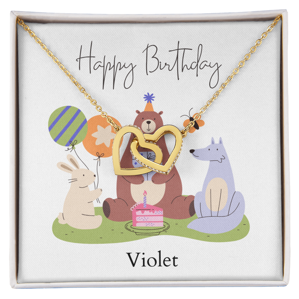 Personalized Happy Birthday- Woodland Animals- Interlocking Hearts Necklace