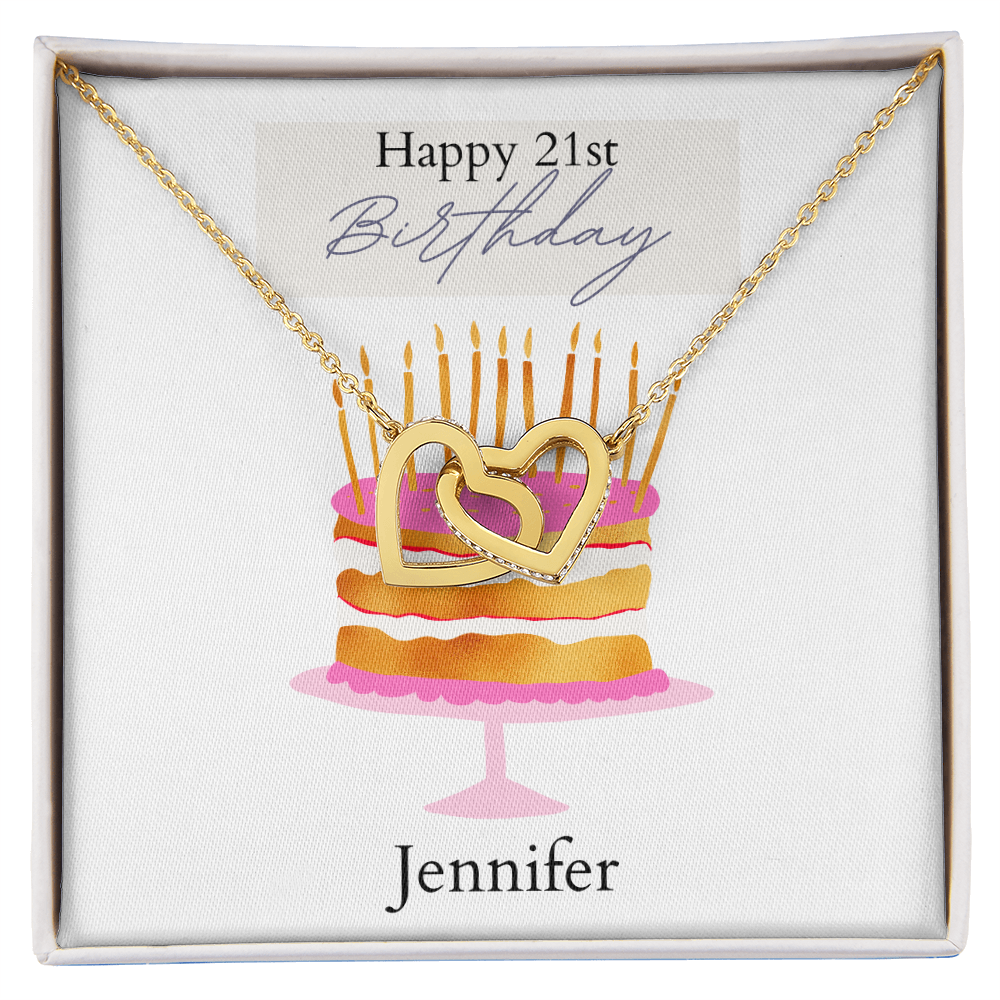 Personalized Happy Birthday- Pink and Gold Cake- Interlocking Necklace