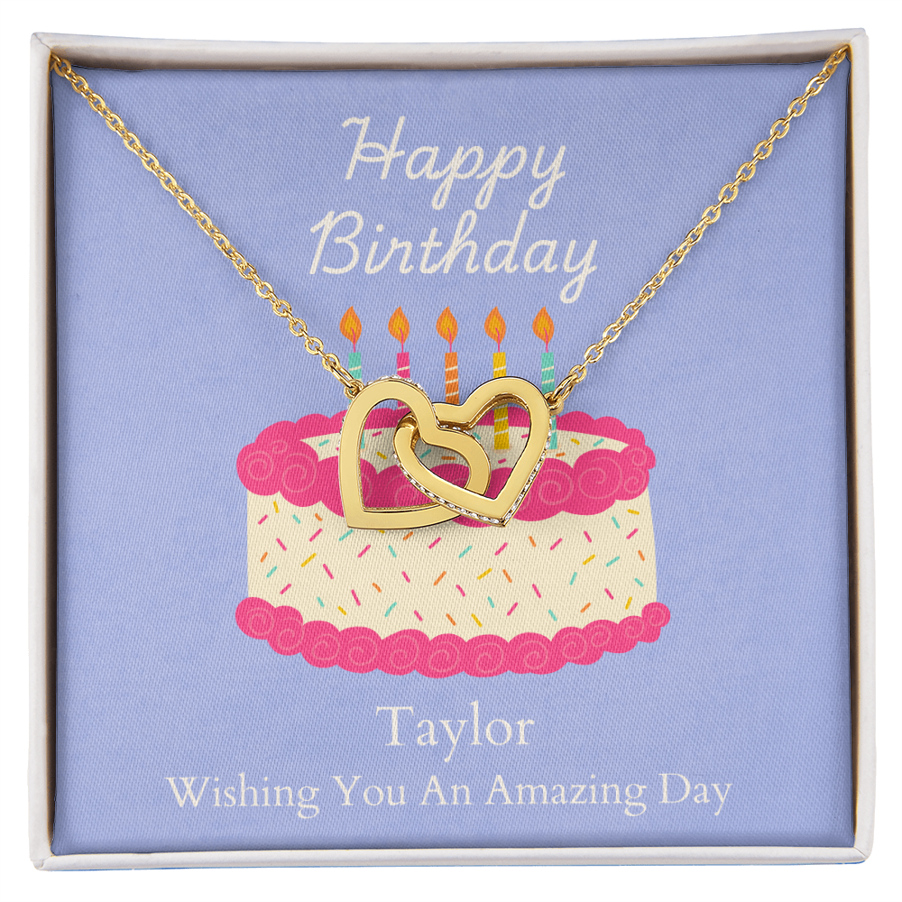 Personalized Happy Birthday- Bright Pink Cake-Interlocking Hearts Necklace