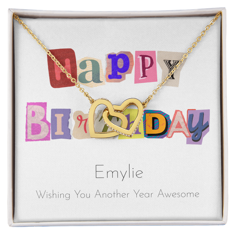 Personalized Happy Birthday- Ransom Style Letters- Interlocking Hearts Necklace