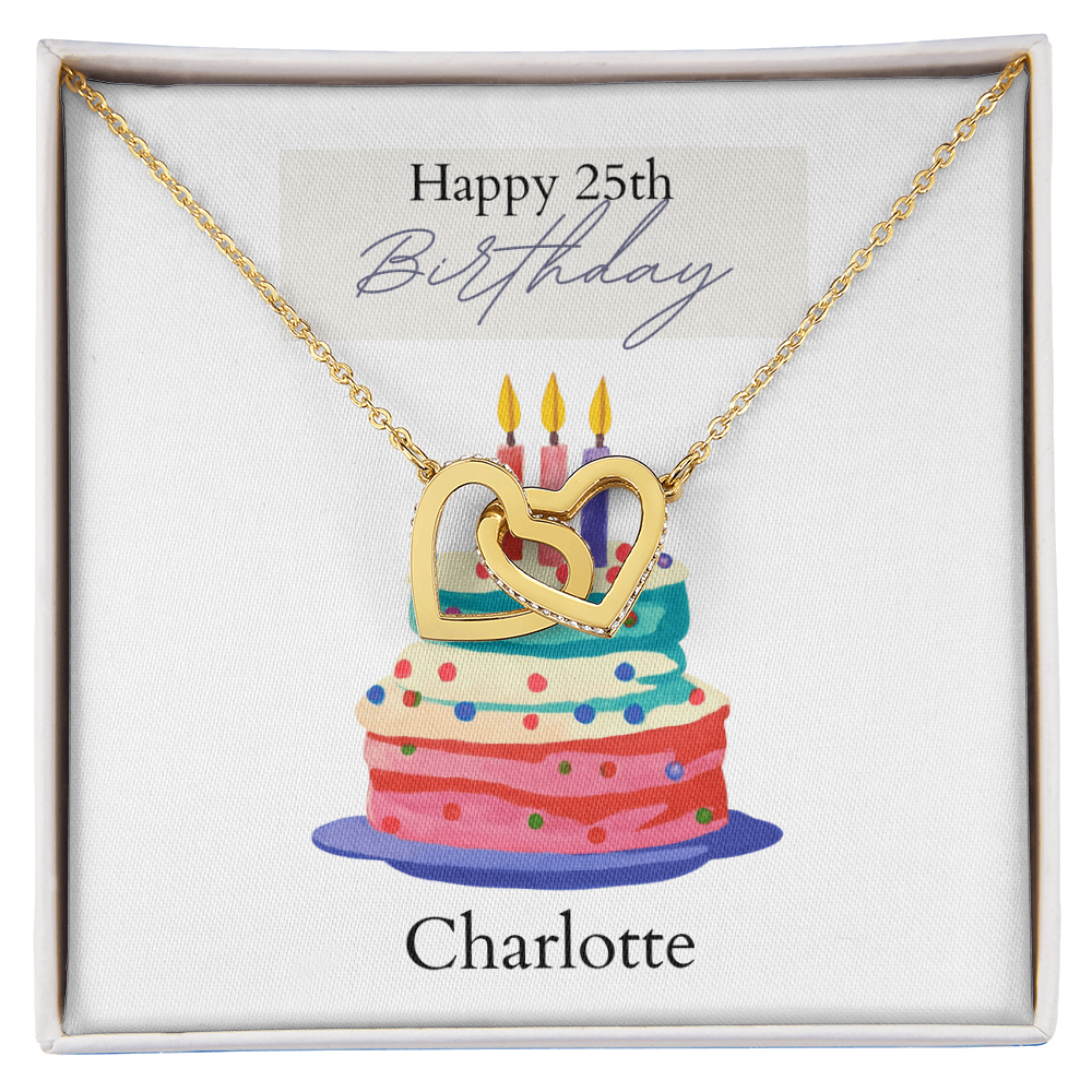 Personalized Happy Birthday- Bright Cake- Interlocking Hearts Necklace