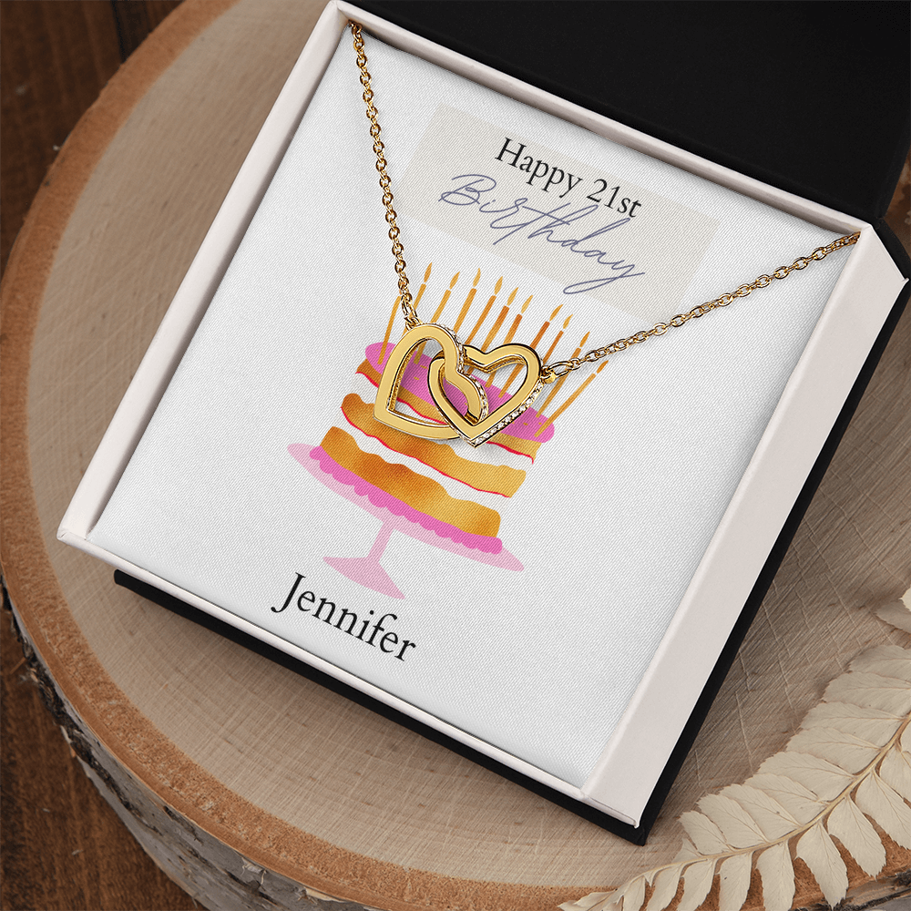 Personalized Happy Birthday- Pink and Gold Cake- Interlocking Necklace