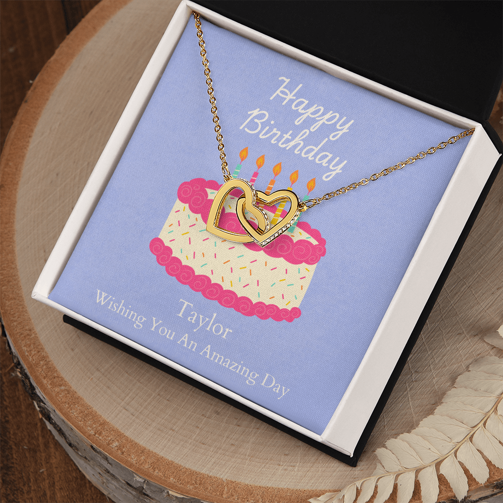 Personalized Happy Birthday- Bright Pink Cake-Interlocking Hearts Necklace
