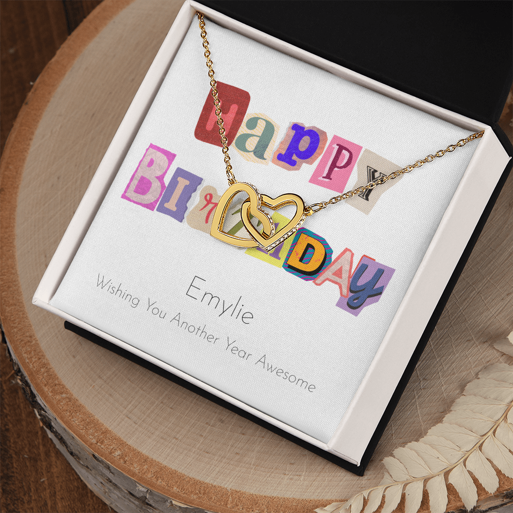 Personalized Happy Birthday- Ransom Style Letters- Interlocking Hearts Necklace