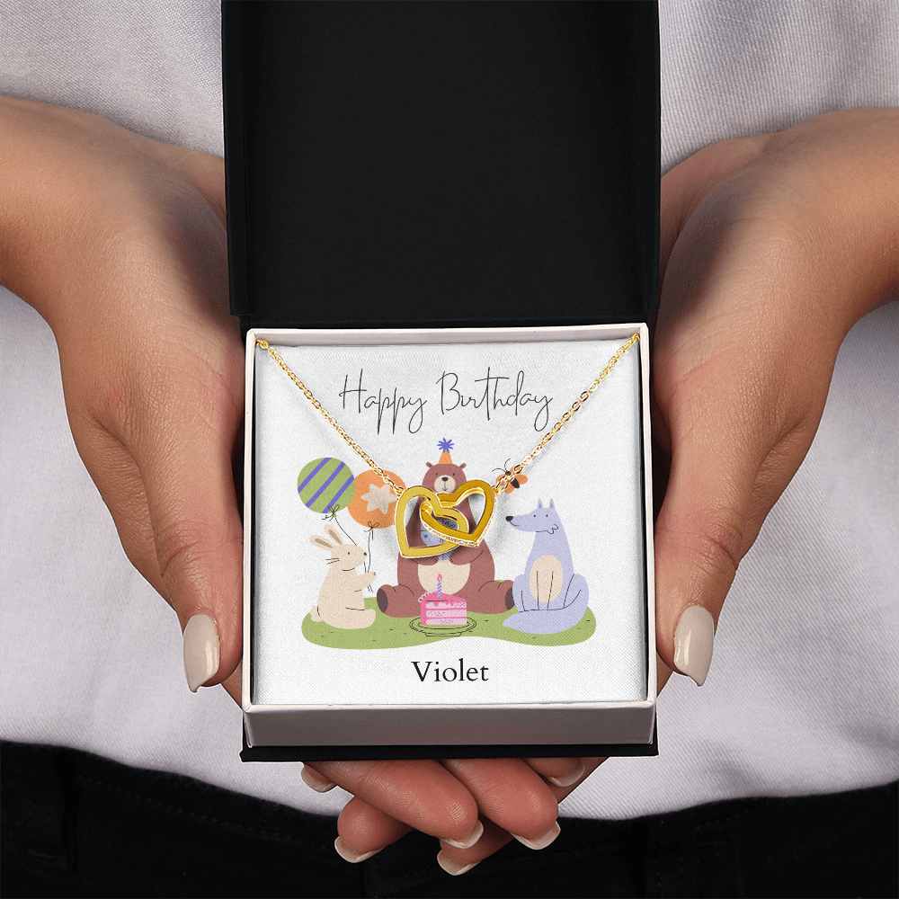 Personalized Happy Birthday- Woodland Animals- Interlocking Hearts Necklace
