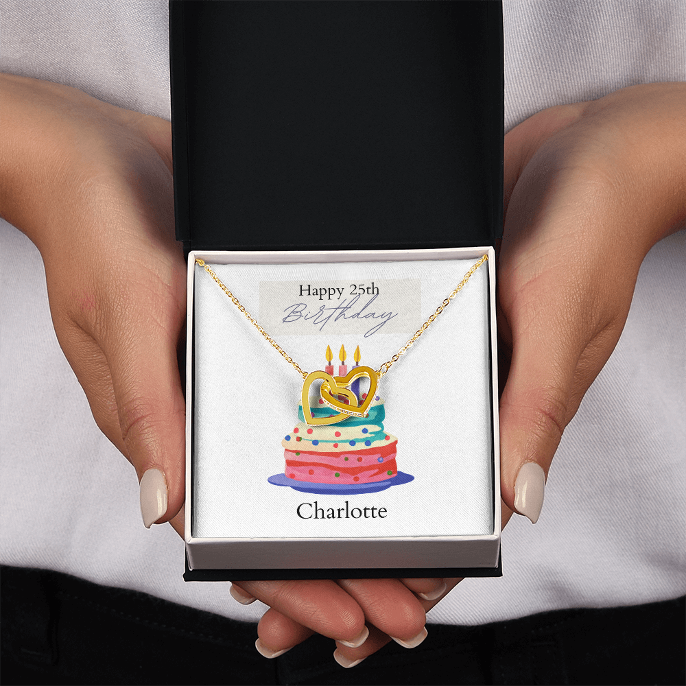 Personalized Happy Birthday- Bright Cake- Interlocking Hearts Necklace