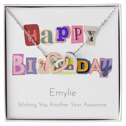 Personalized Happy Birthday- Ransom Style Letters- Interlocking Hearts Necklace
