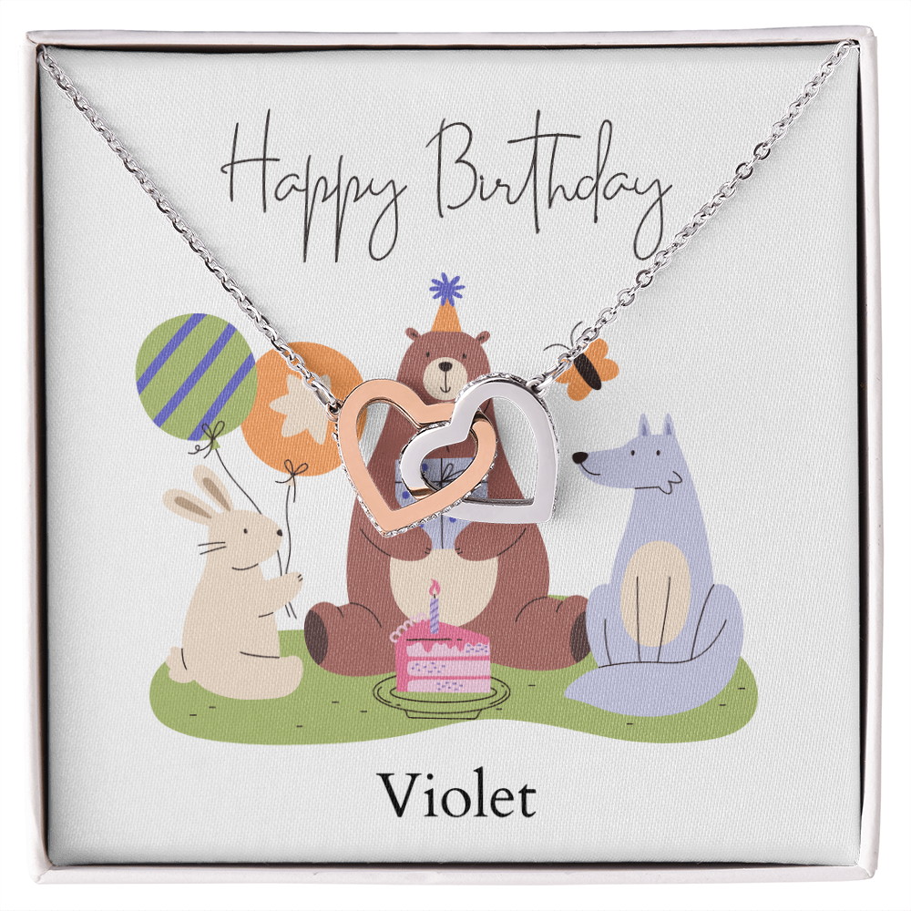 Personalized Happy Birthday- Woodland Animals- Interlocking Hearts Necklace