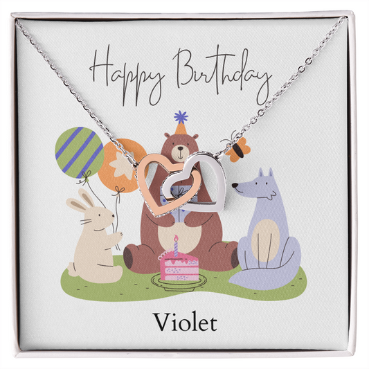 Personalized Happy Birthday- Woodland Animals- Interlocking Hearts Necklace