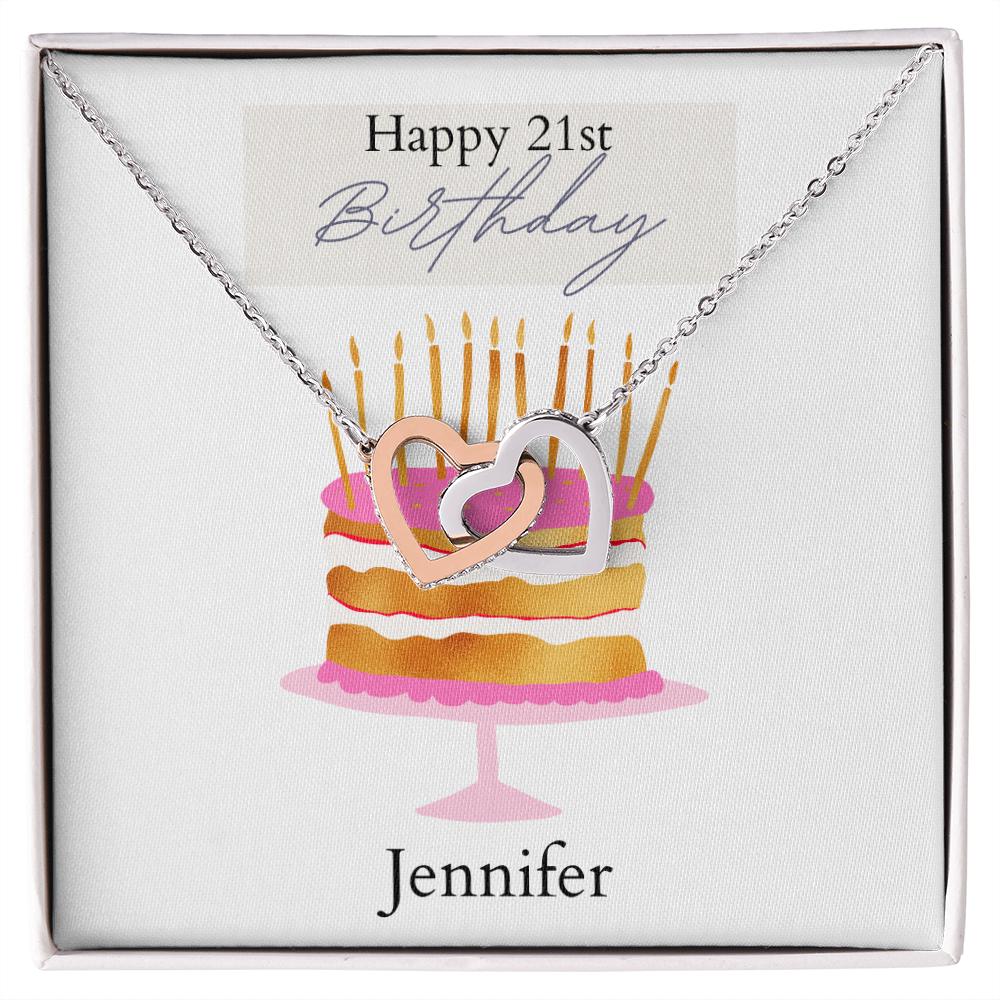 Personalized Happy Birthday- Pink and Gold Cake- Interlocking Necklace