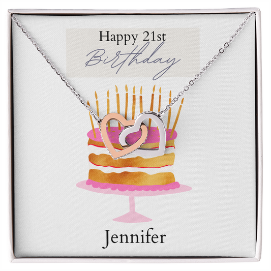 Personalized Happy Birthday- Pink and Gold Cake- Interlocking Necklace
