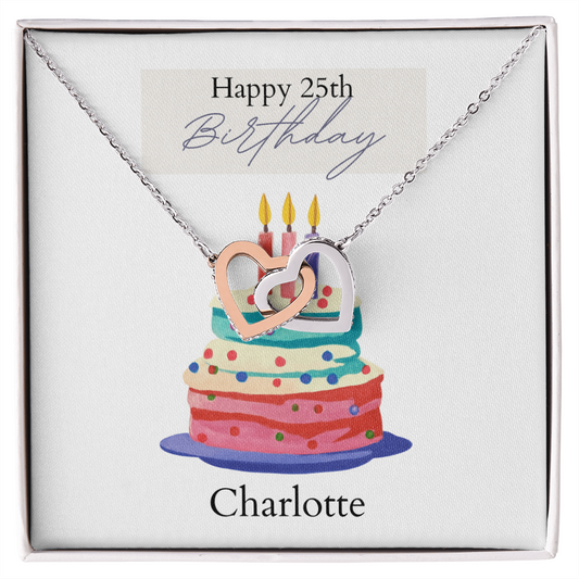Personalized Happy Birthday- Bright Cake- Interlocking Hearts Necklace
