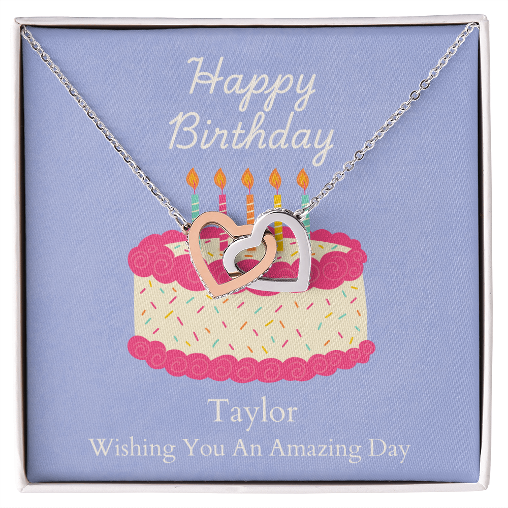 Personalized Happy Birthday- Bright Pink Cake-Interlocking Hearts Necklace