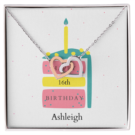 Personalized Happy Birthday- Cake Slice and Candle- Interlocking Hearts Necklace