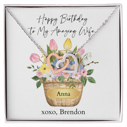 Personalized Happy Birthday- My Amazing Wife- Interlocking Hearts Necklace