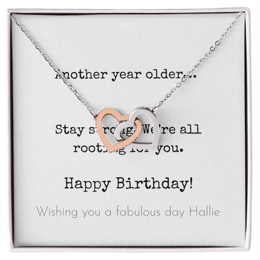 Personalized Happy Birthday- Stay Strong- Interlocking Hearts Necklace
