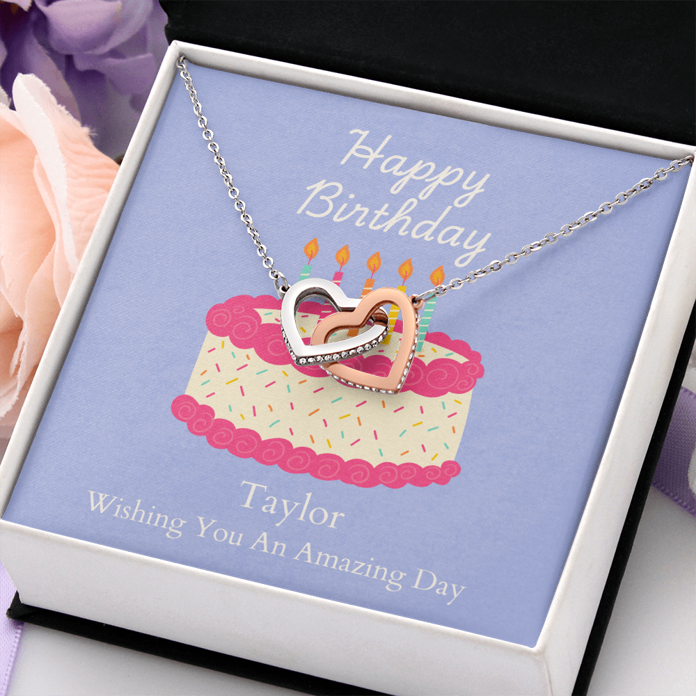 Personalized Happy Birthday- Bright Pink Cake-Interlocking Hearts Necklace