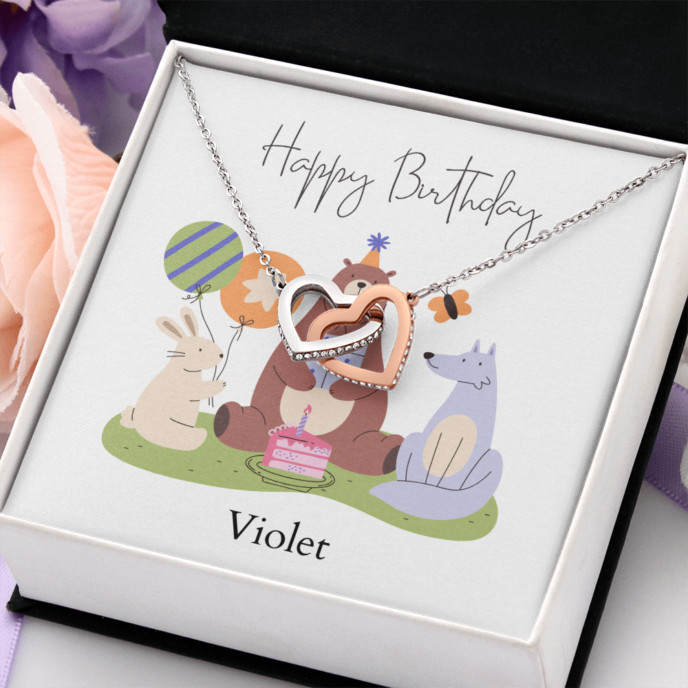 Personalized Happy Birthday- Woodland Animals- Interlocking Hearts Necklace