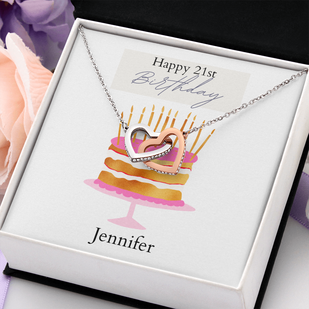 Personalized Happy Birthday- Pink and Gold Cake- Interlocking Necklace